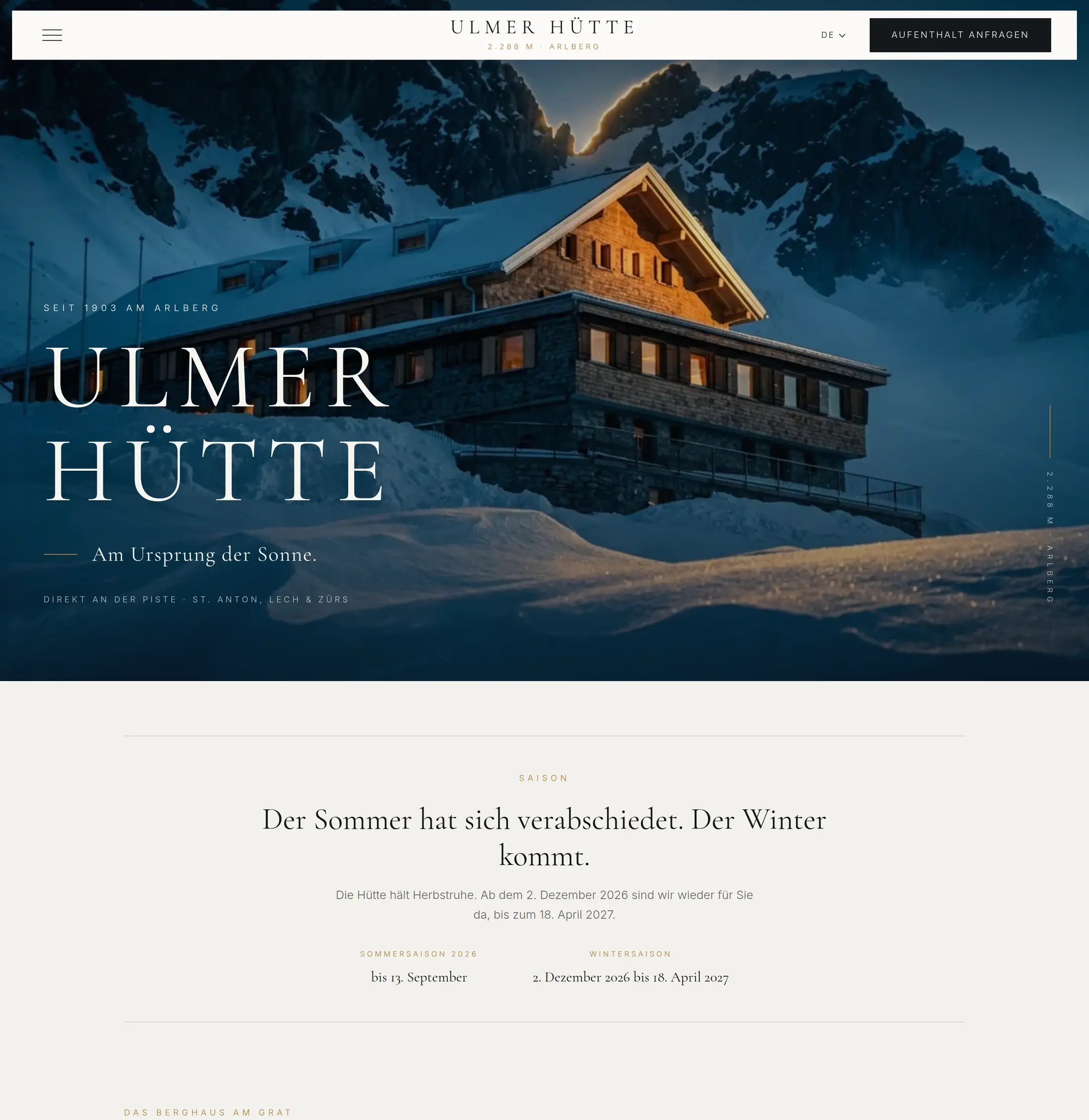 Website Ulmer Hütte, Startseite